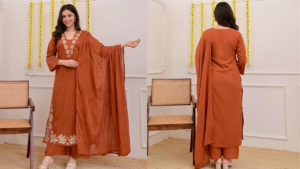 ANNI Designer Pure Cotton Kurta Set Rust Orange