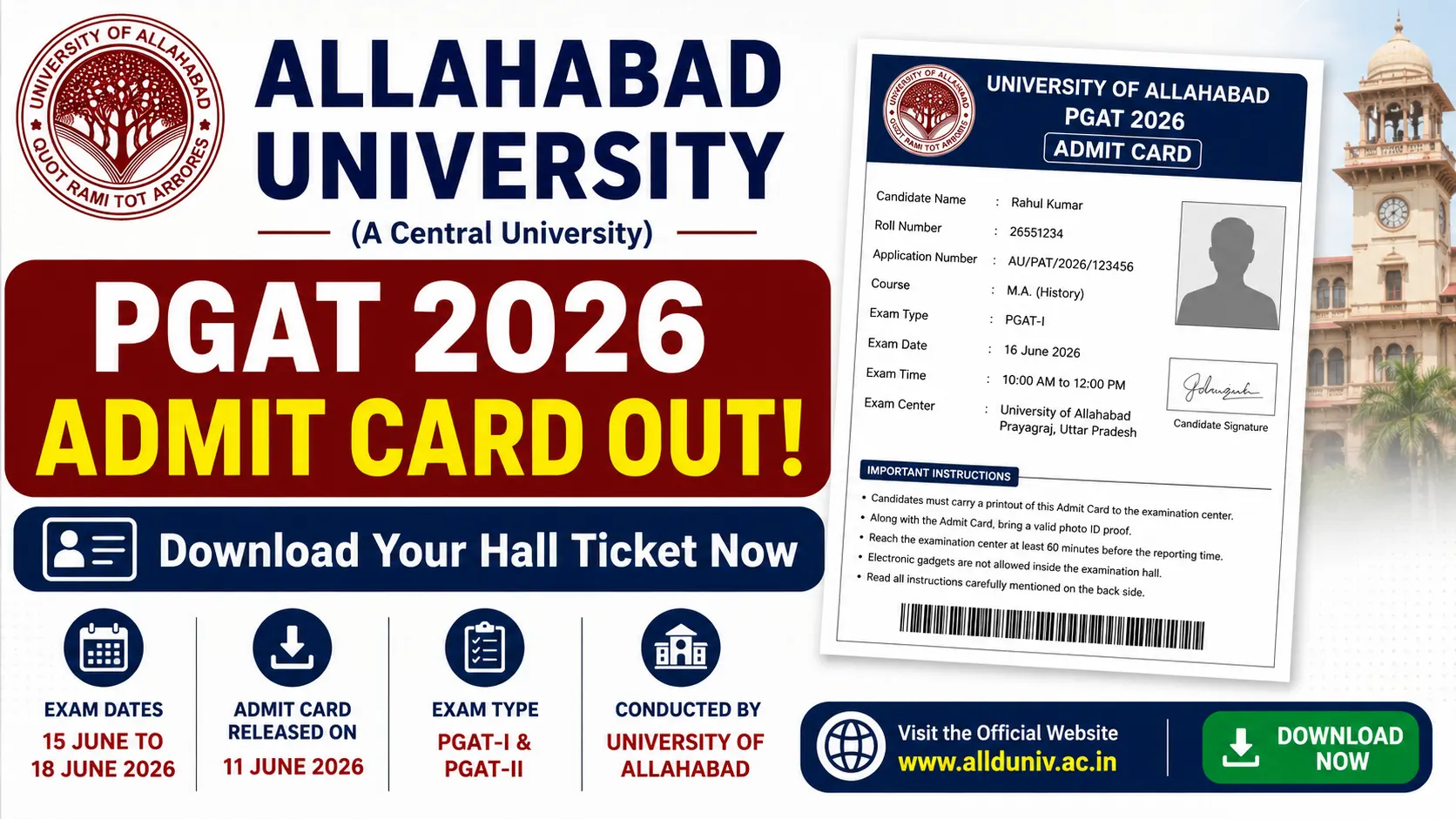 Allahabad University PGAT 2026 Admit Card